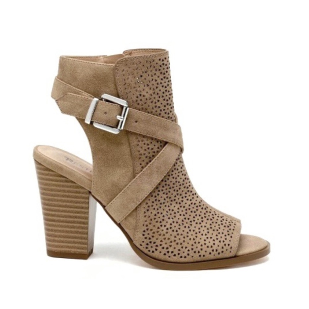 Restricted Laser Cut Strappy Peep Toe Booties Taupe Mallow Block Heel Ankle Boot